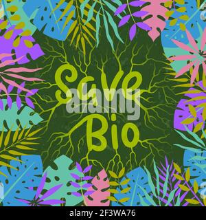 Save biodiversity text quote sign made of green tree roots with colorful plant leaves. Nature help or environment care for wild life conservation conc Stock Vector