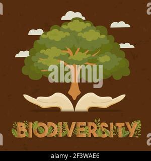 Biodiversity illustration of human hands holding big green tree. Nature care awareness or environment protection campaign concept. Stock Vector