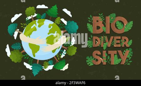 Biodiversity illustration of human hands hugging planet earth with wild plants and green trees. Global nature care or eco friendly campaign concept. Stock Vector