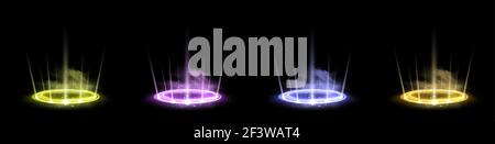 Color hologram portals set. Magic fantasy portal. Magic circle teleport podium with hologram effect. Vector colorful glow rays with sparks on black Stock Vector