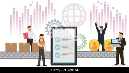 E-commerce production line. Online shopping, retail, sale, bringing profit concept. Flat vector illustration. Stock Vector
