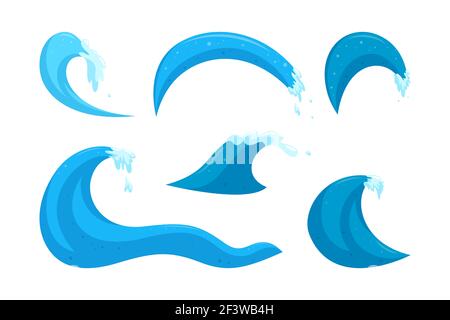 Ocean wave elements. Surfing water set with waves and splashes. Cartoon vector illustration collection isolated on white background Stock Vector