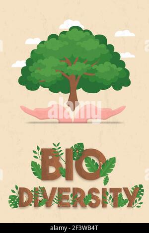 Biodiversity vertical illustration of human hands holding big green tree. Nature care or eco friendly campaign concept. Stock Vector