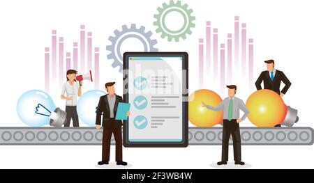 Company engaged in ideas development, fill empty bulb with ideas through analytics. Flat vector creative illustration. Stock Vector