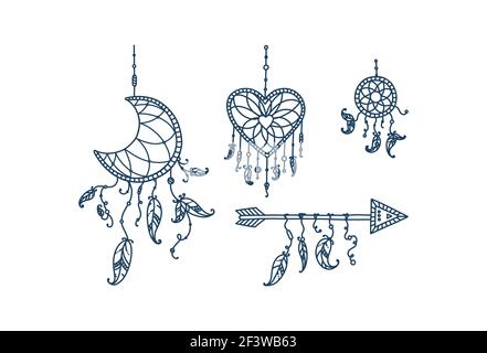 Boho dreamcatchers with feathers and arrow. Doodle set of dreamcatchers in shape of crescent moon, heart and circle. Vector illustration in doodle Stock Vector