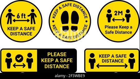 Social Distancing 2 meters and 6 Foot Yellow Sign, Keep Your Distance, Please Wait Here. Stock Vector