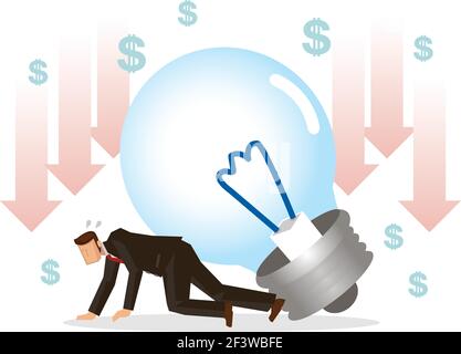 Worried businessman with a empty light bulb crashing on him. Concept of no idea for his company. Flat cartoon character vector illustration isolated o Stock Vector