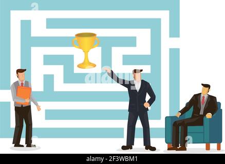 Business maze challenge. Business team working together looking at labyrinth to get awards. Cartoon character vector illustration. Stock Vector