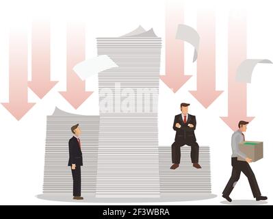 Businessmen with piles of debt. Concept of debts, bankruptcy or corporate restructuring. Flat vector illustration Stock Vector