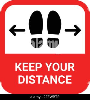 Footprint Floor Sticker Sign, Foot Steps In a red Square. Keep your Distance for safety. Covid-19 pandemic social distancing vector icon. Stock Vector