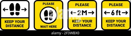 Please keep a safe distance sign vector. Prevention measures distancing 6 ft or 2 meters. Stock Vector