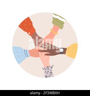 Stack of female hands. Unity and teamwork concept. Arms of successful business women. Partnership community. Vector illustration in flat cartoon style Stock Vector