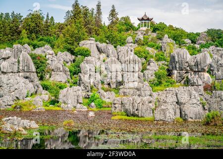 View of Shilin major stone forest with bright fall colors and pond with water reflection and small pavilion on top and overcast weather in Yunnan Chin Stock Photo