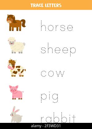 Trace the names of cute cartoon farm animals. Handwriting practice for preschool kids. Stock Vector