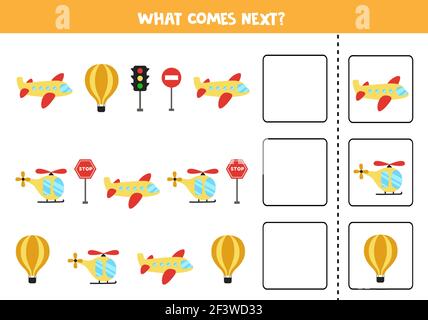 What comes next game with air transportation means. Educational logical game for kids. Stock Vector