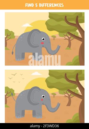 Find five differences between two pictures of cute elephant in savanna. Stock Vector