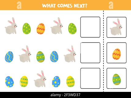 What comes next game with cute rabbit and Easter eggs. Educational logical game for kids. Stock Vector