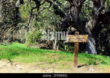 Wooden Coyote Creek Trail sign at the Holman Ranch in Carmel Valley, California, USA; hiking trail marker and sign. Stock Photo