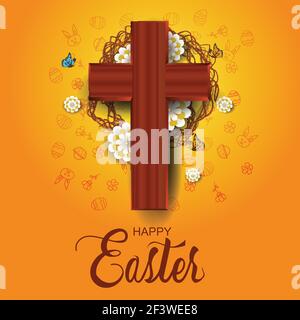happy Easter greetings. cross with flowers and twigs. vector illustration design. Stock Vector