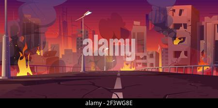 City in fire, war destroy burning buildings bridge Stock Vector