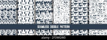 Set of seamless doodle owl patterns. Cute print collection for kids, scrap and other. Vector endless illustrations Stock Vector