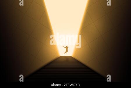 Financial Freedom Concept. businessman jumping in end of stairway enjoying success. man passed through a huge walls and stairway (challenge ) Stock Photo