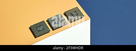 Isometry trendy cube concept. Computer cpu module. Yellow and blue. Retail shop Stock Photo