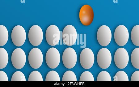 Golden Egg Standing out From the Crowd. change and Leadership Concept, blue background Stock Photo