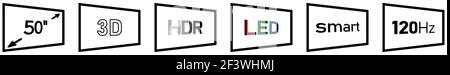 Set of TV technology icons - simple text signs on tilted screen Stock Vector