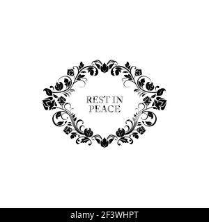 Rest in peace floral funeral frame with rip lettering isolated monochrome message. Vector death calligraphy on tombstone or gravestone, memory card to Stock Vector