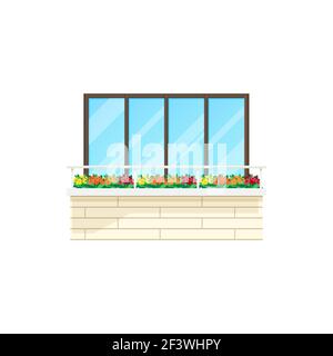 Balcony house window, building facade architecture, vector flat icon. Apartments balcony with brick fence, glass windows and flowers on railings, mode Stock Vector