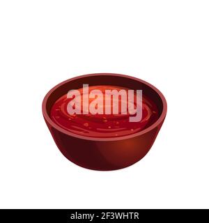 Salsa tomato ketchup in bowl, plate with red paste isolated icon. Vector plate with tomato hot chili spicy snack. Sauce-boat portion, bbq catchup. Foo Stock Vector