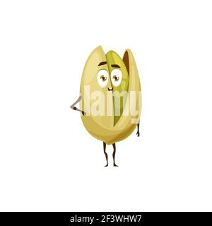 Pistachio nut in shell isolated flat cartoon character kids emoji emoticon. Vector comic super hero food snack, vegetarian roasted pistache. Cracked p Stock Vector