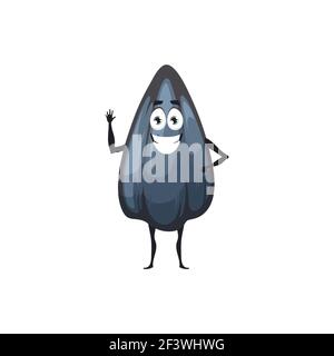Sunflower black seed isolated emoji emoticon flat cartoon character, food snack superfood hero. Vector whole seed with hull, nutrition oil ingredient Stock Vector