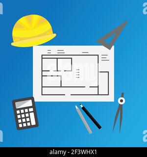Design drawing tools , hard hat, plan, pens and calculator, designing concept vector Stock Vector