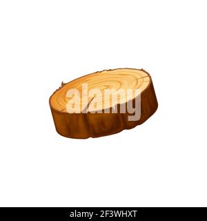 Log of round wood, chopped tree bark of felled dry wood isolated flat cartoon icon. Vector saw cut tree trunk with wooden rings. Lumber circle with cr Stock Vector