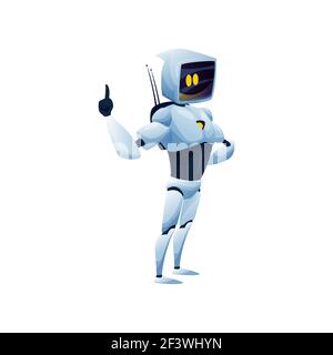Android robot with screen on head isolated cyborg artificial intelligent. Vector digital kids toy, interface on face. Stylish bot, cyber machine. Futu Stock Vector