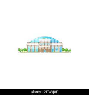 Retro big top circus building isolated entertainment house. Vector facade exterior of funfair arena, cirque with entrance door and windows, town city Stock Vector