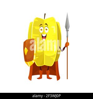 Starfruit fruit superhero cartoon character, vector carambola tropical fruit in super hero costume. Starfruit carambola as knight warrior or guard wit Stock Vector