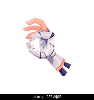 Cyborg hand or robot arm with ok gesture, vector artificial intelligence. Robot hand with okay fingers, future tech or cyber technology and AI bionic Stock Vector