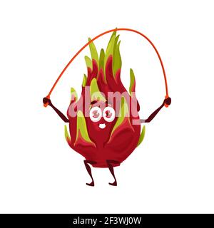 Pitaya dragon fruit, healthy food and fitness activity, vector cartoon character. Topical fruit pitaya or pitahaya dragonfruit jumping on skipping rop Stock Vector