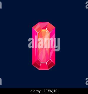 Red magic crystal, gem or rock vector icon. Mineral ruby, crystalline stone of elongated octagon shape. Gemstone tourmaline, spinel or fire opal, prec Stock Vector