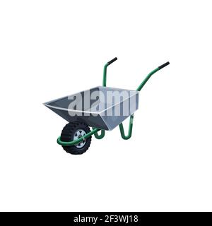 Wheelbarrow, metal garden barrow for gardening or farming works vector icon. Wheeled cart equipment front view, isolated cartoon tool for farmers and Stock Vector