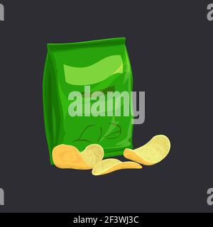 Salted potato chips in green pack isolated crispy chips package. Vector sliced potatoes, fastfood snack, movie cinema food. Spicy crispy and crunchy p Stock Vector