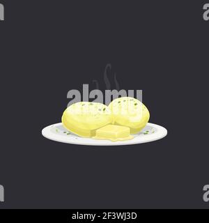 Boiled potato with dill and butter isolated cooked food with stream on plate. Vector buttered young or new potatoes, parsley greens, vegetarian food. Stock Vector