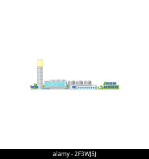 Energy, solar plant, green power panels, vector sun and environment electric station. Solar power plant, renewable sun energy generator farm factory, Stock Vector
