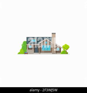 Patio facade exterior isolated chalet building private house. Vector villa with windows and decorative trees. House, contemporary building country sty Stock Vector