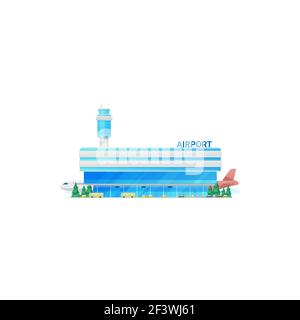 Airport building, terminal, traffic control tower isolated icon. Vector modern city airport facade, taxis and buses, sky harbor. Airplanes and control
