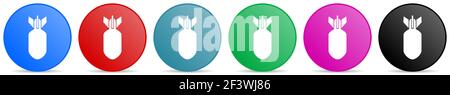 Bomb, war, military, weapon vector icons, set of circle gradient buttons in 6 colors options for webdesign and mobile applications Stock Vector