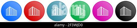 Modern design office building vector icons, set of circle gradient buttons in 6 colors options for webdesign and mobile applications Stock Vector